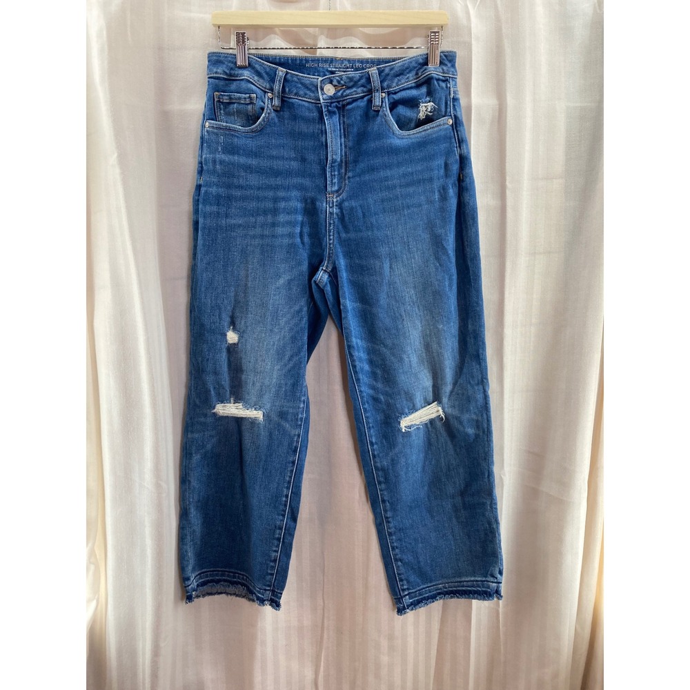 Chicos High Rise Straight Leg Crop Jeans Distress Frayed‎ Hem Blue Denim Women 8